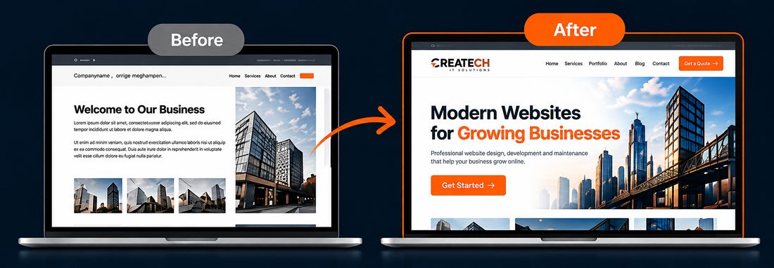 A dated business website before, and the same website after a modern Createch redesign